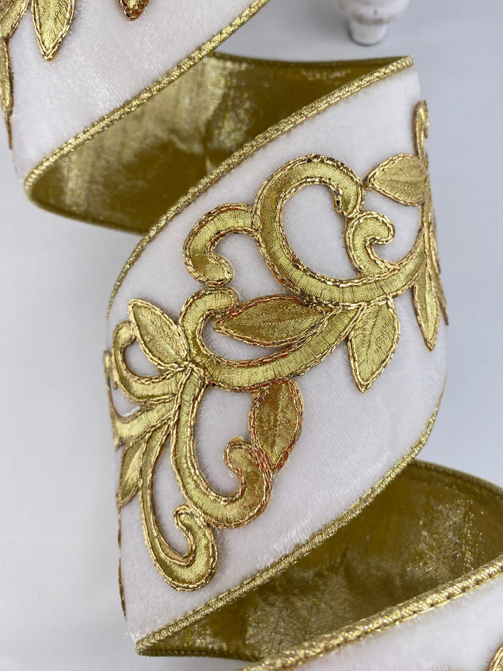 Ivory Royal Embroidery Farrisilk Wired Ribbon - 4" - Greenery MarketRG753 - 62