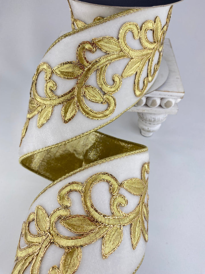 Ivory Royal Embroidery Farrisilk Wired Ribbon - 4" - Greenery MarketRG753 - 62