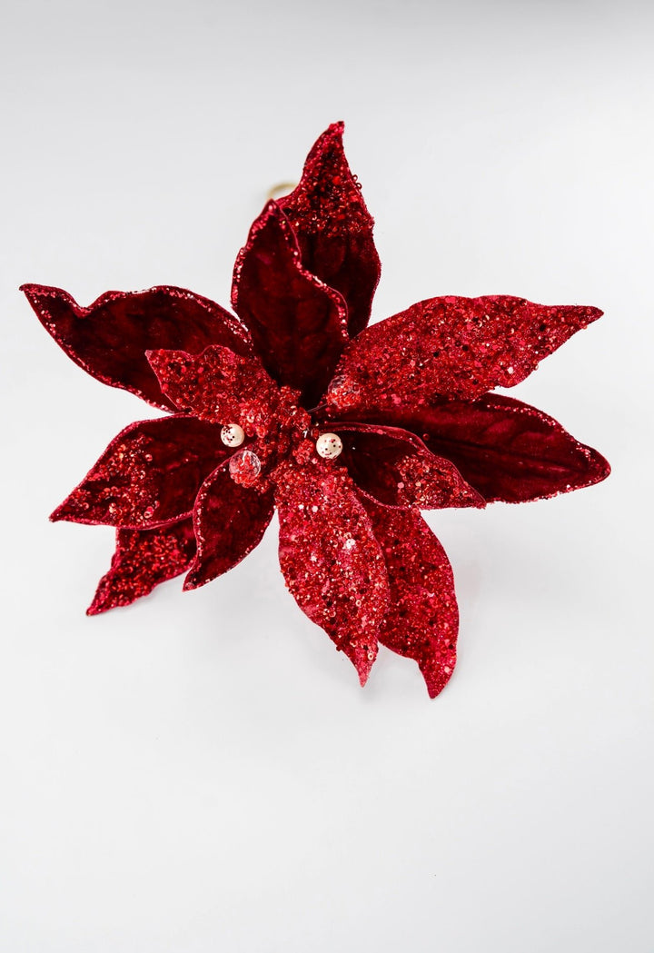 Jeweled and beaded velvet poinsettia stem - burgundy - Greenery MarketXg982 - bur