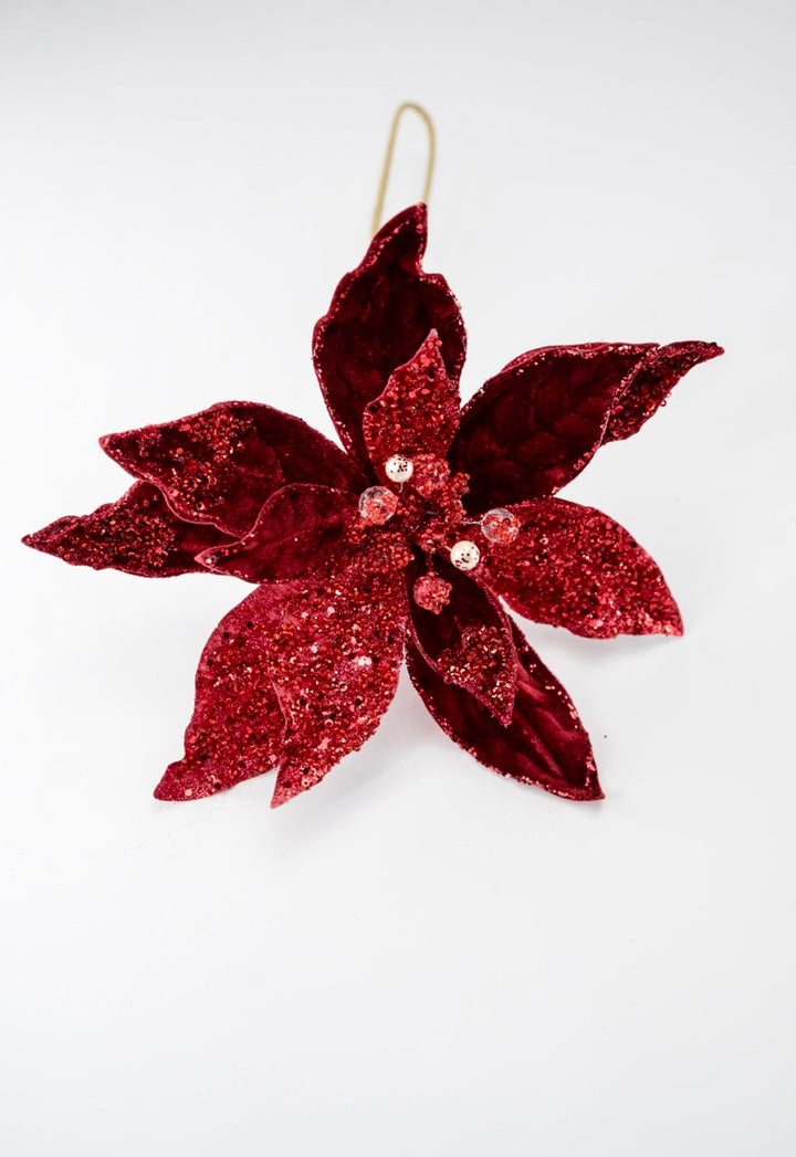Jeweled and beaded velvet poinsettia stem - burgundy - Greenery MarketXg982 - bur