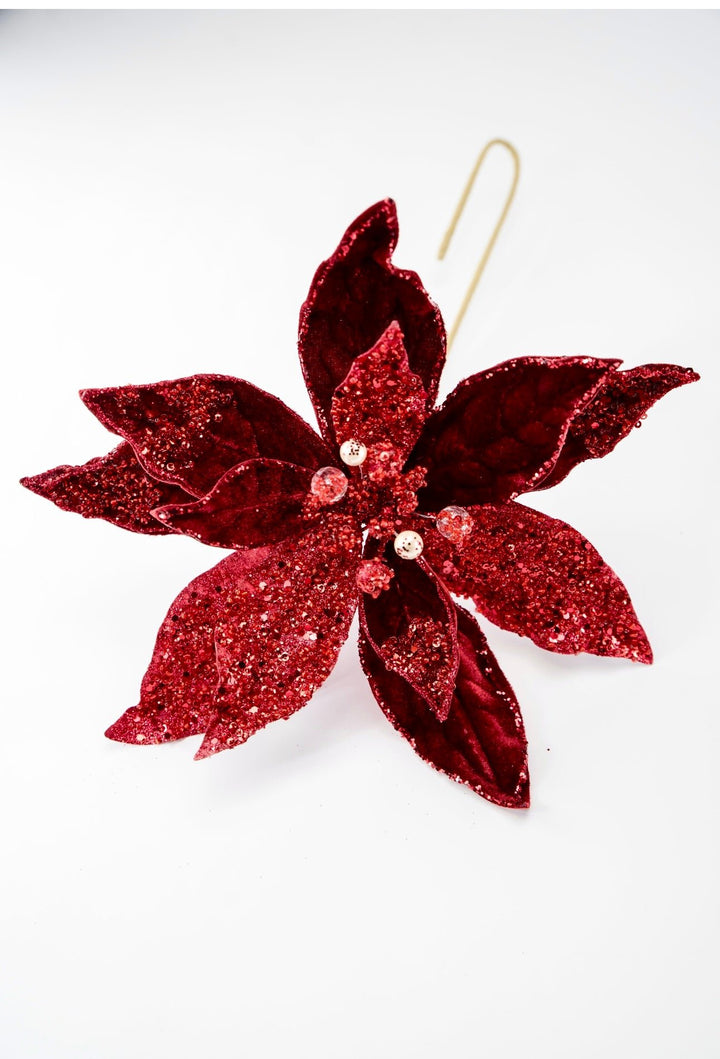 Jeweled and beaded velvet poinsettia stem - burgundy - Greenery MarketXg982 - bur