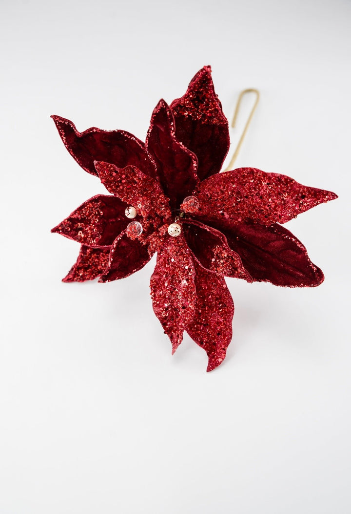 Jeweled and beaded velvet poinsettia stem - burgundy - Greenery MarketXg982 - bur