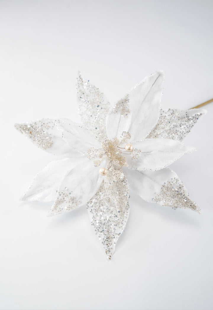 Jeweled and beaded velvet poinsettia stem - white - Greenery MarketXg982 - w
