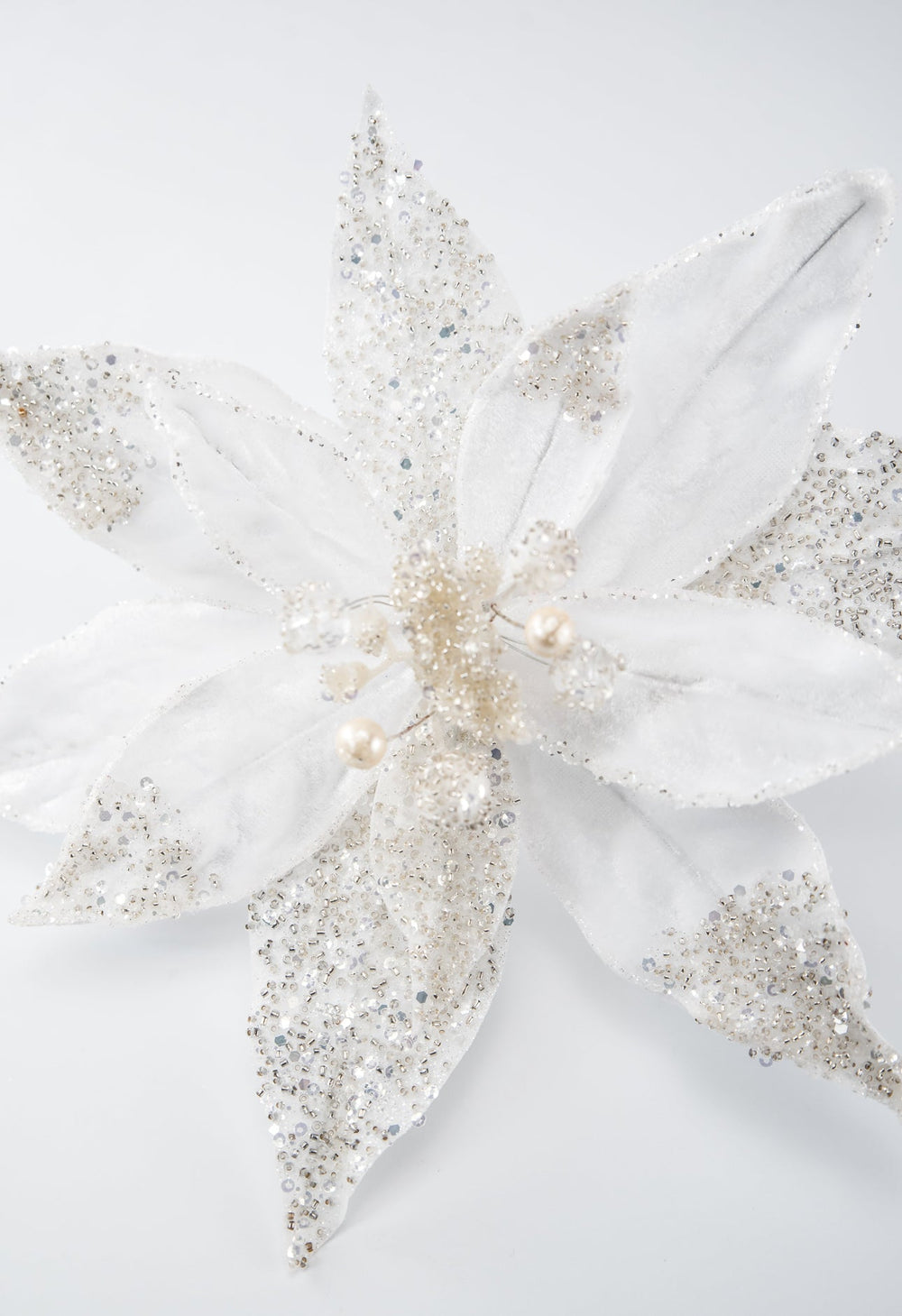Jeweled and beaded velvet poinsettia stem - white - Greenery MarketXg982 - w