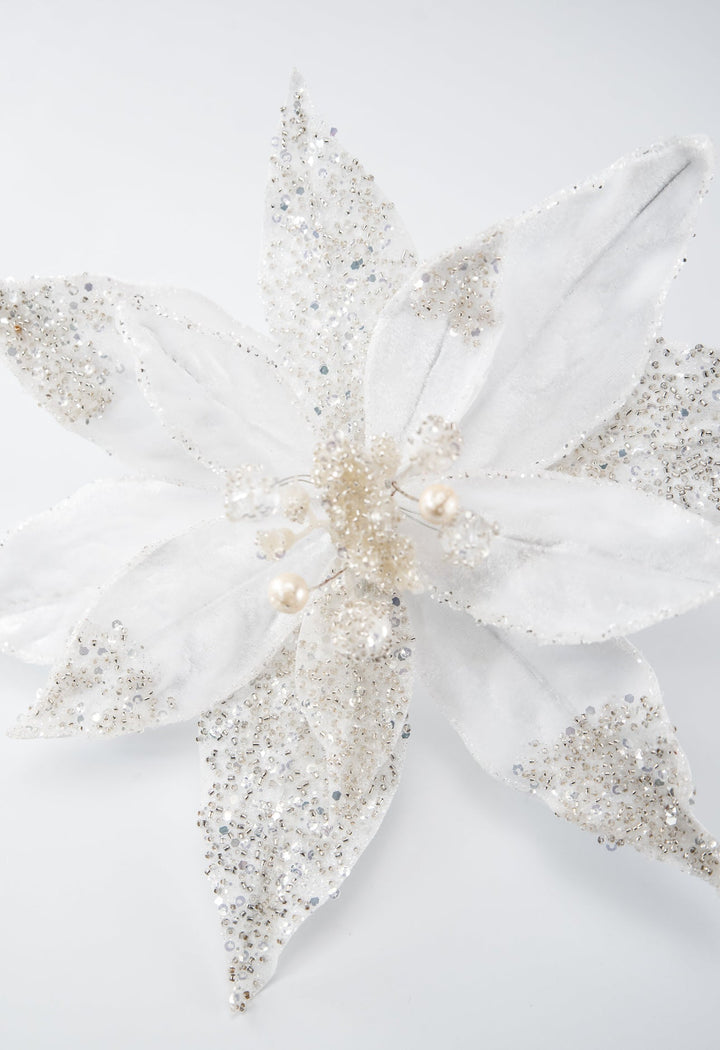 Jeweled and beaded velvet poinsettia stem - white - Greenery MarketXg982 - w