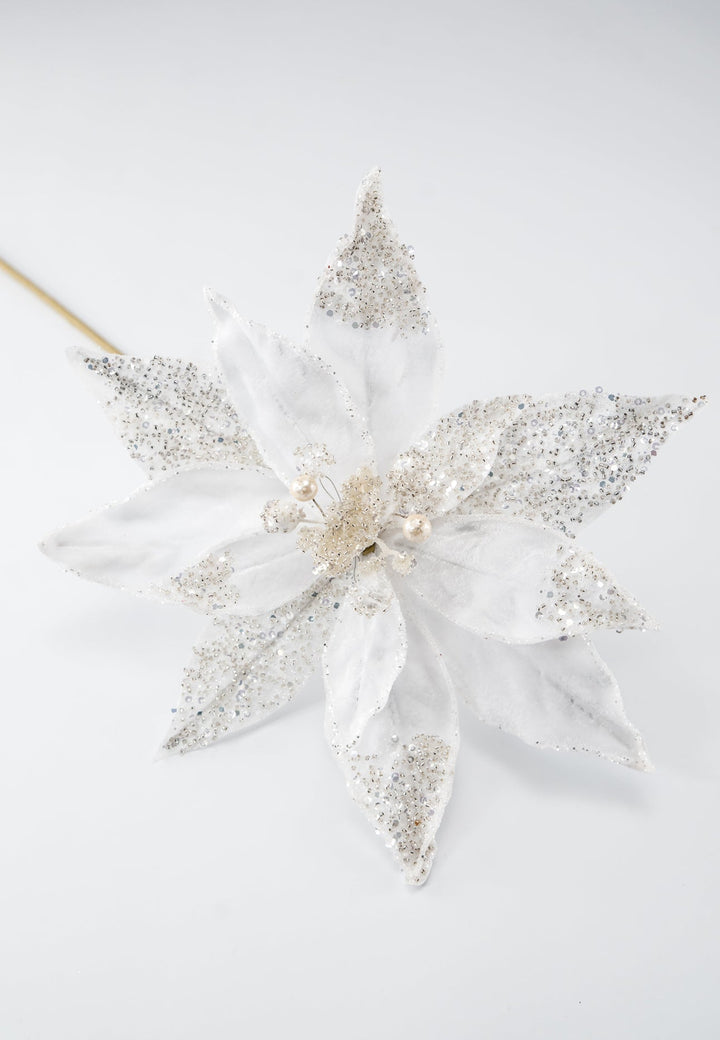 Jeweled and beaded velvet poinsettia stem - white - Greenery MarketXg982 - w