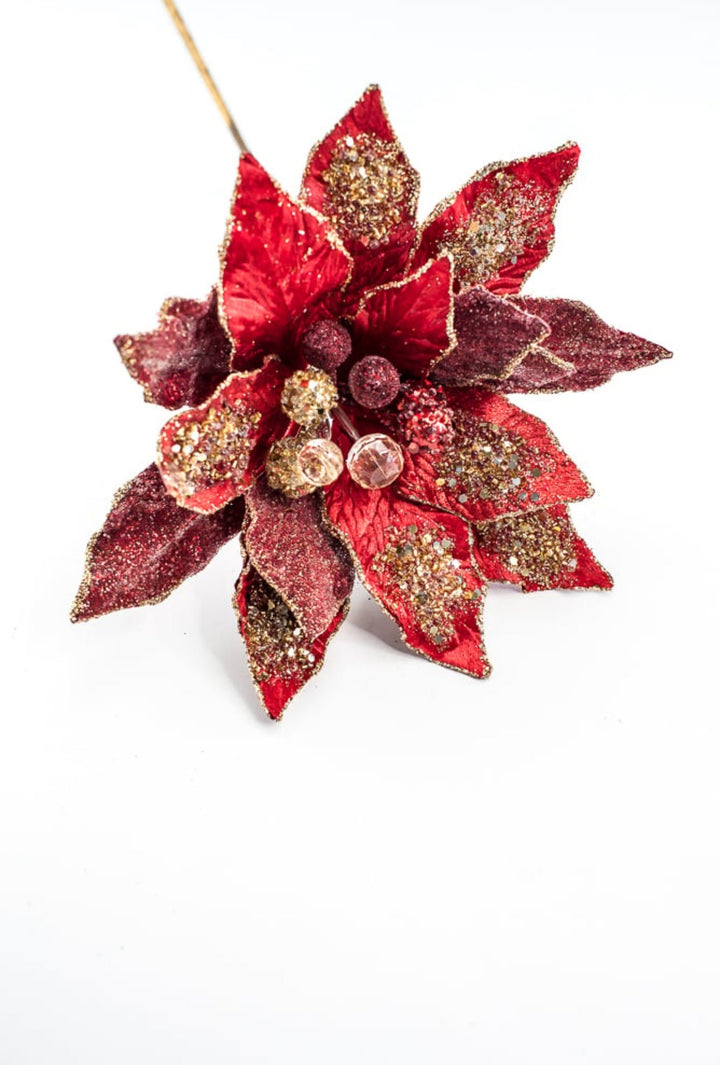 Jeweled encrusted velvet poinsettia stem - red gold - Greenery MarketMTX72651 RDGD