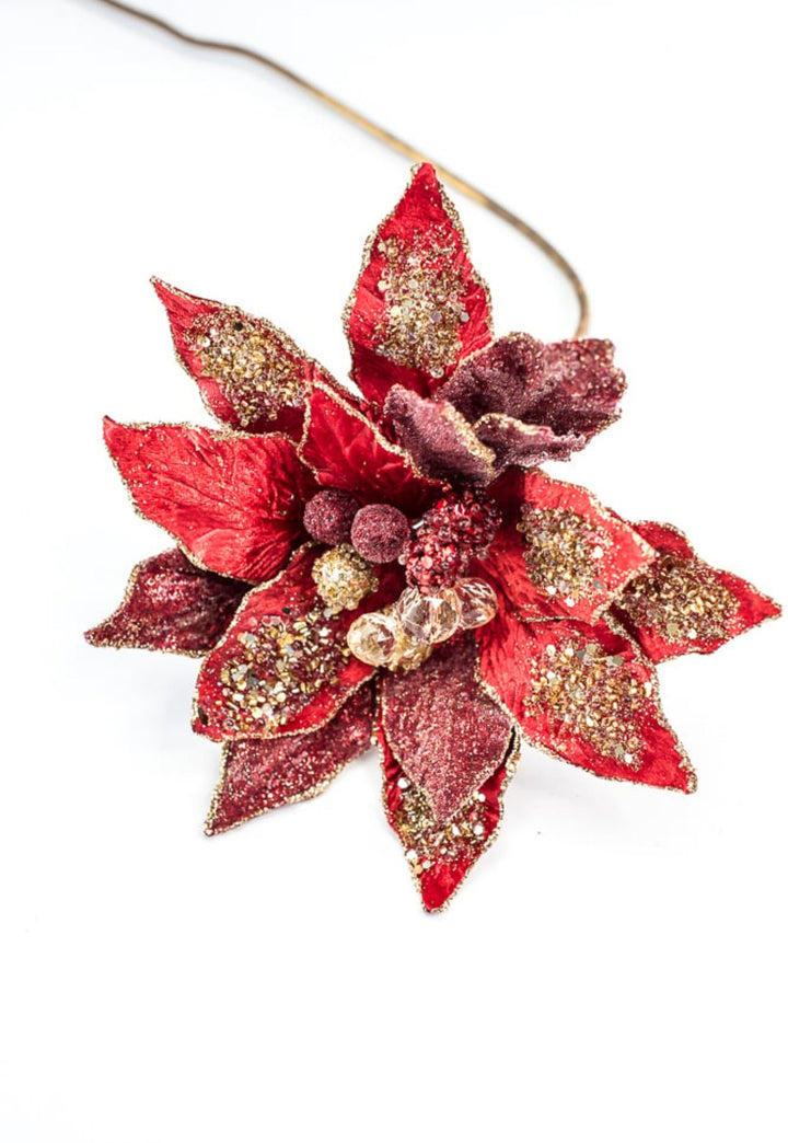 Jeweled encrusted velvet poinsettia stem - red gold - Greenery MarketMTX72651 RDGD