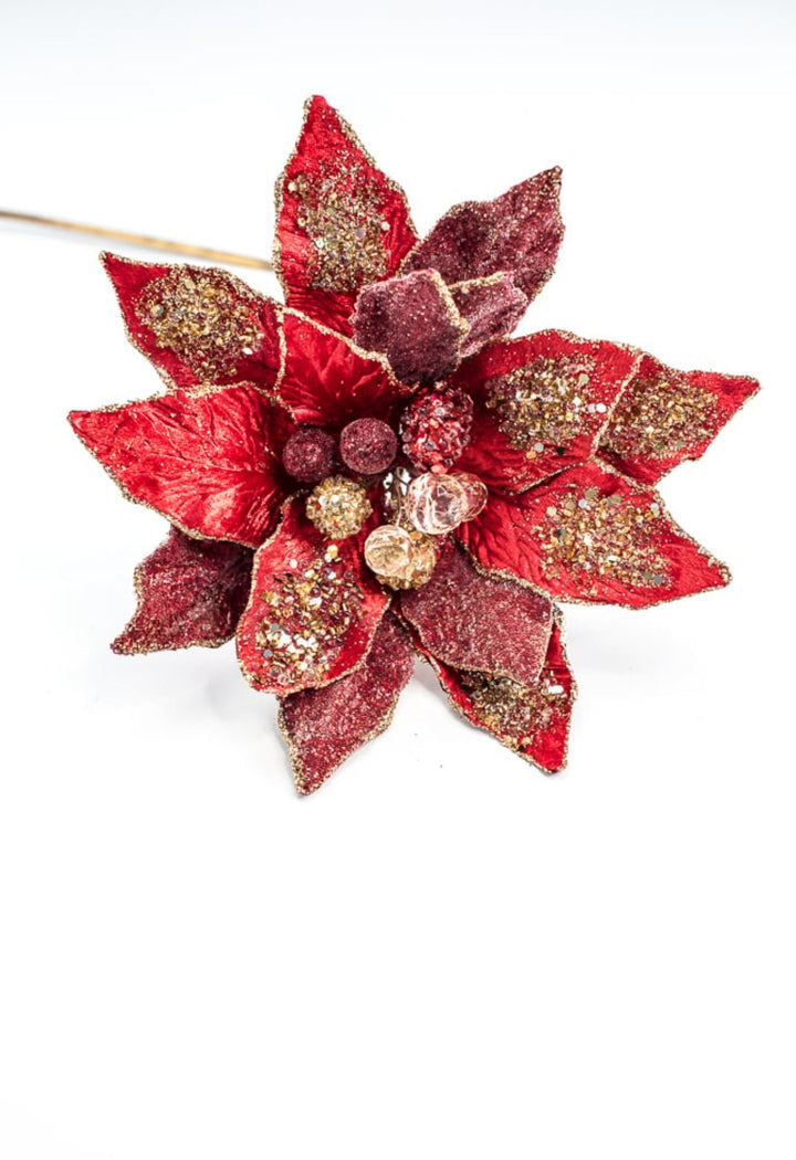 Jeweled encrusted velvet poinsettia stem - red gold - Greenery MarketMTX72651 RDGD
