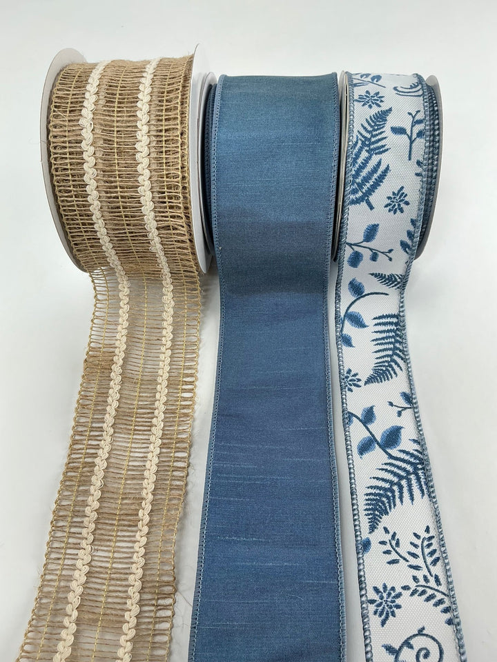 Jute And Smokey Blue fern bow bundle x 3 ribbons - Greenery Market
