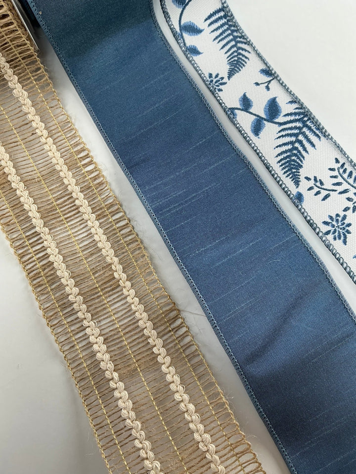 Jute And Smokey Blue fern bow bundle x 3 ribbons - Greenery Market