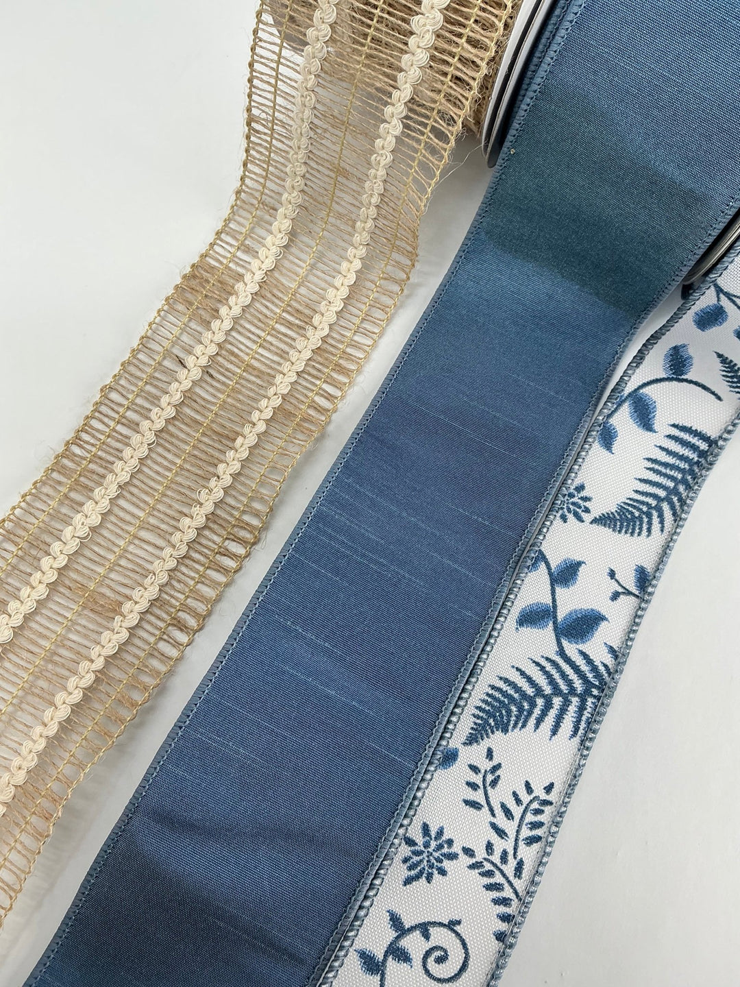 Jute And Smokey Blue fern bow bundle x 3 ribbons - Greenery Market