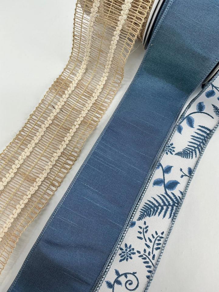 Jute And Smokey Blue fern bow bundle x 3 ribbons - Greenery Market