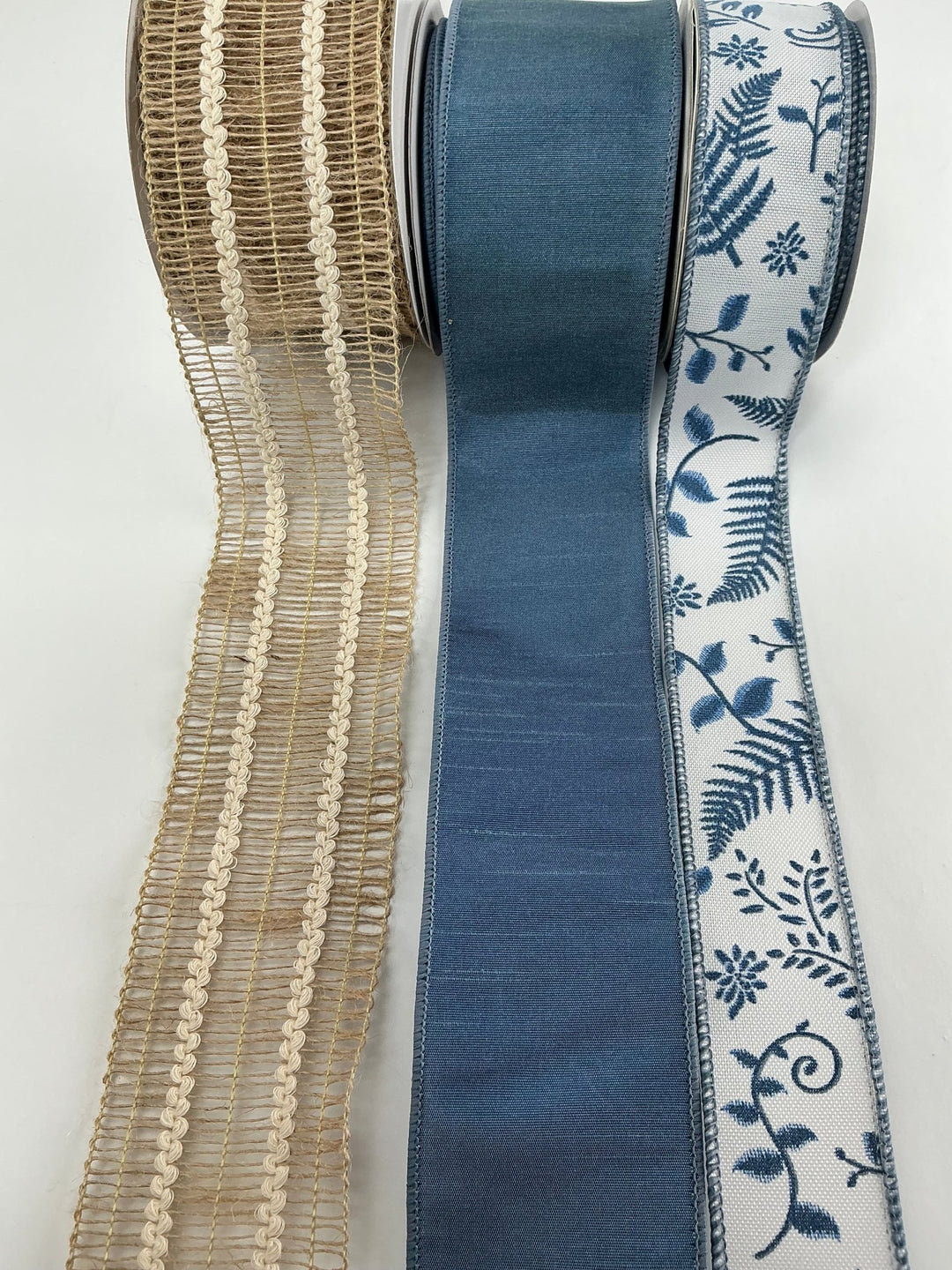 Jute And Smokey Blue fern bow bundle x 3 ribbons - Greenery Market