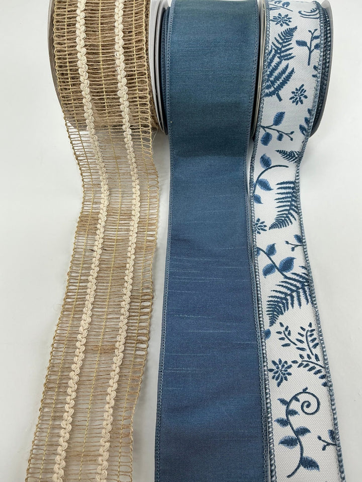 Jute And Smokey Blue fern bow bundle x 3 ribbons - Greenery Market