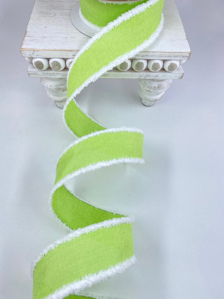 Lime Green linen with white fluffy edge 1.5” wired ribbon - Greenery MarketWired ribbon110642 GREEN
