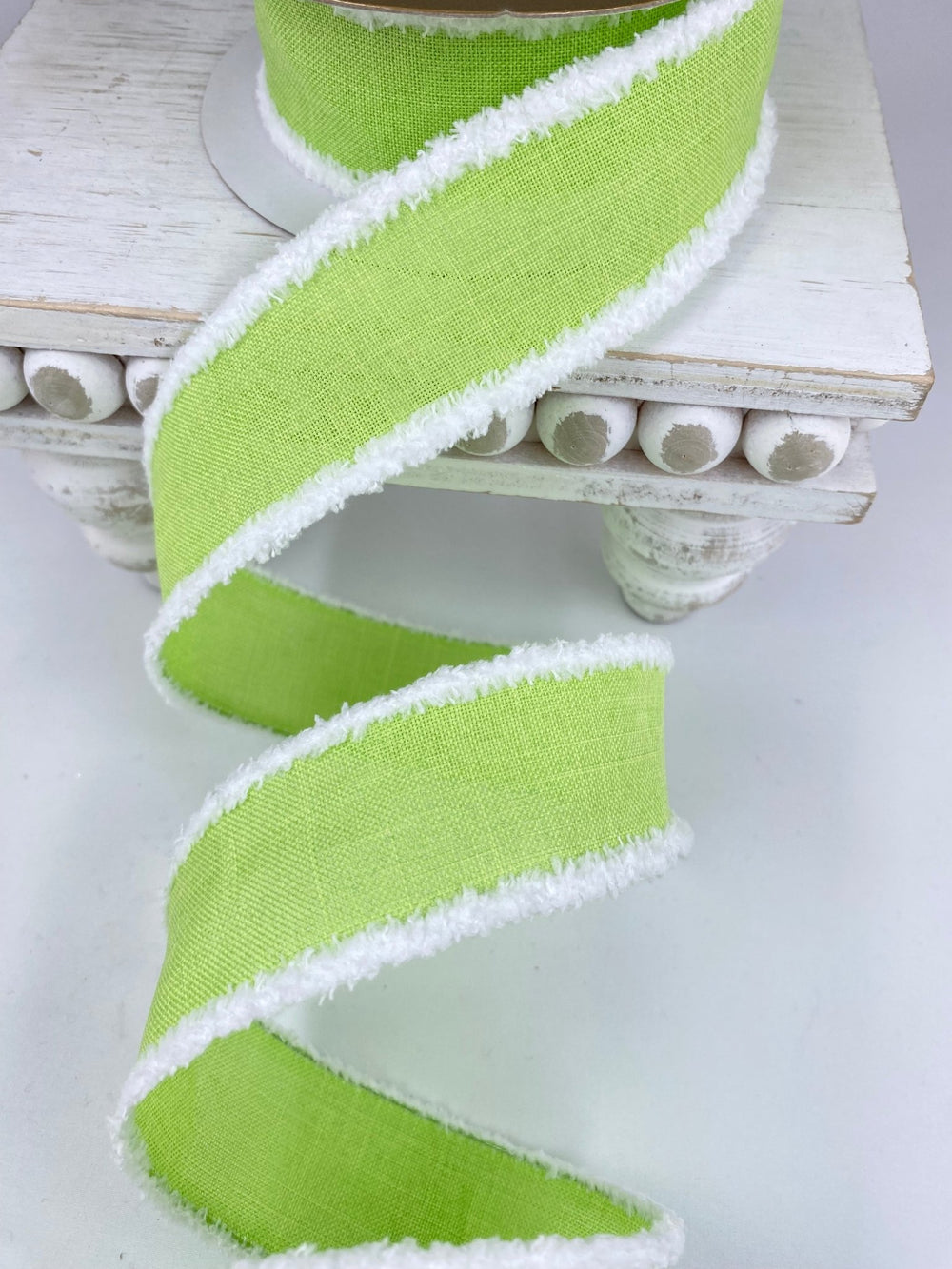 Lime Green linen with white fluffy edge 1.5” wired ribbon - Greenery MarketWired ribbon110642 GREEN