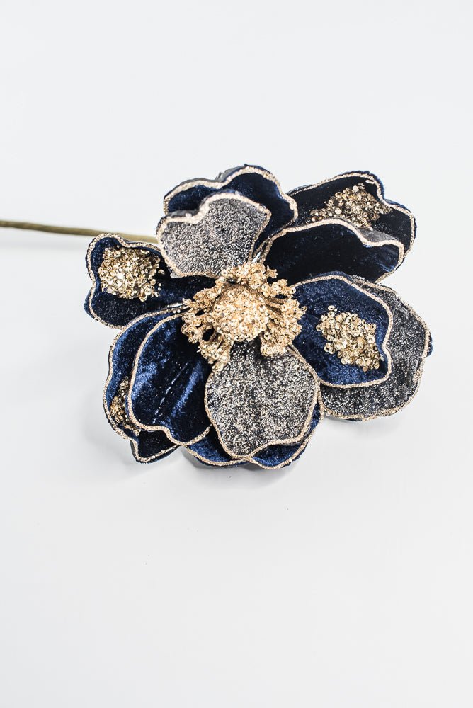 Midnight Blue Glamour Magnolia Spray With Sequin - 20" - Greenery MarketXF670MID