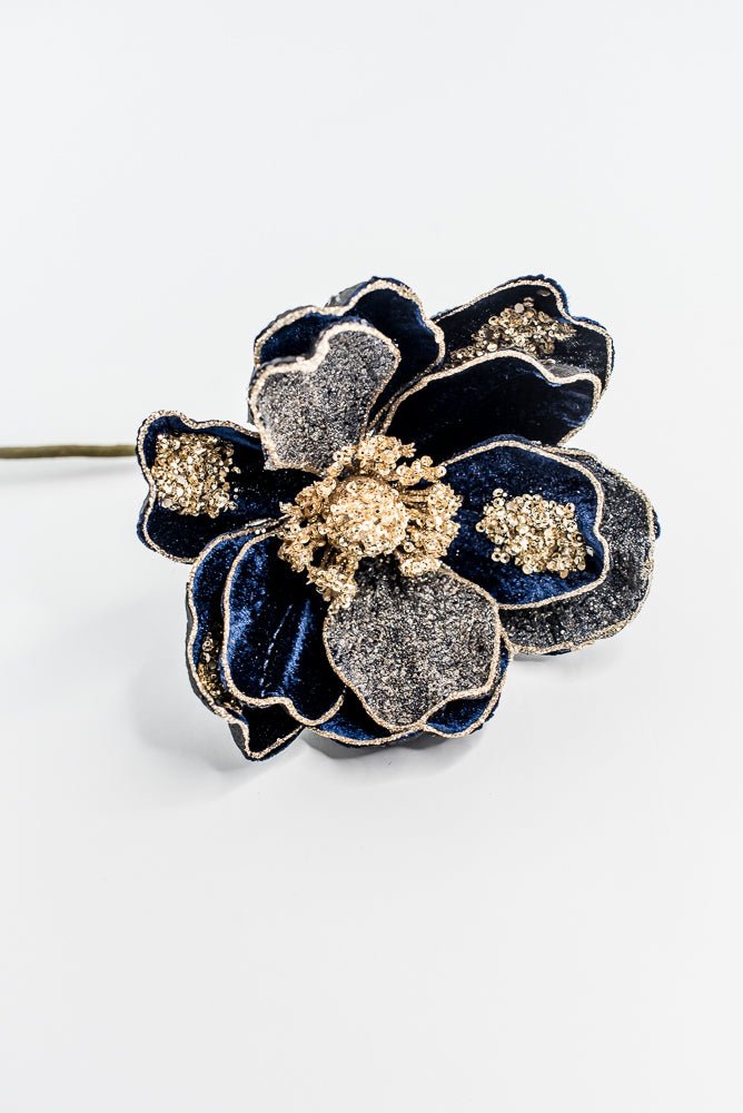 Midnight Blue Glamour Magnolia Spray With Sequin - 20" - Greenery MarketXF670MID