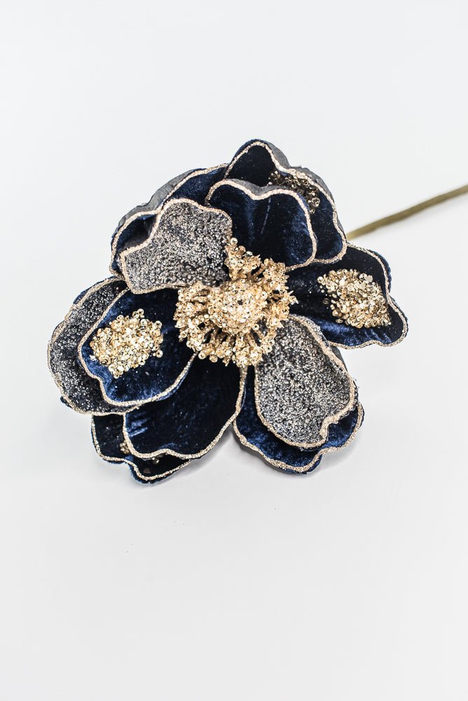 Midnight Blue Glamour Magnolia Spray With Sequin - 20" - Greenery MarketXF670MID