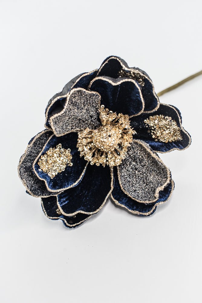 Midnight Blue Glamour Magnolia Spray With Sequin - 20" - Greenery MarketXF670MID