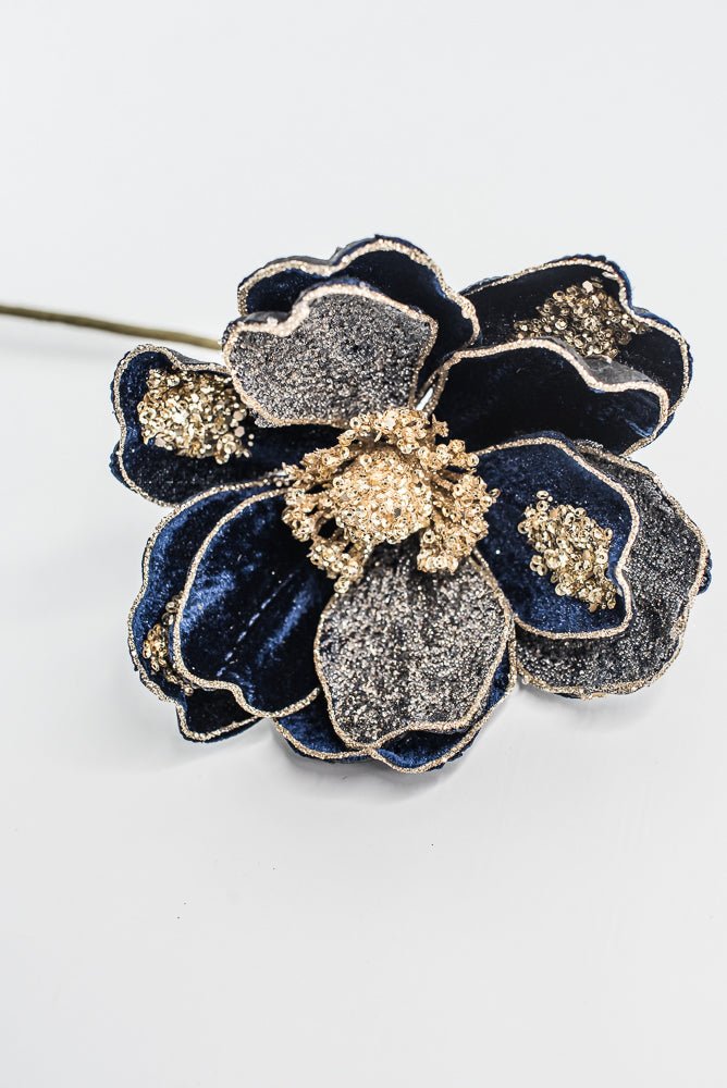 Midnight Blue Glamour Magnolia Spray With Sequin - 20" - Greenery MarketXF670MID