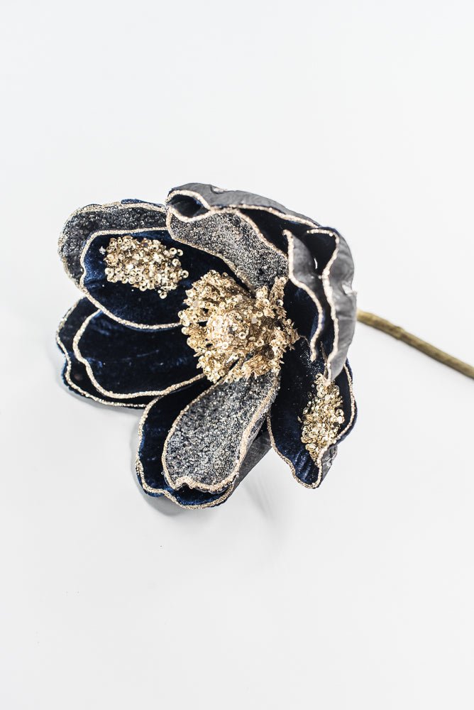Midnight Blue Glamour Magnolia Spray With Sequin - 20" - Greenery MarketXF670MID