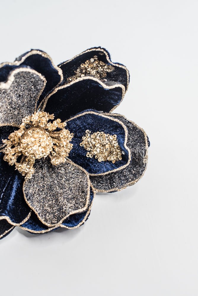 Midnight Blue Glamour Magnolia Spray With Sequin - 20" - Greenery MarketXF670MID