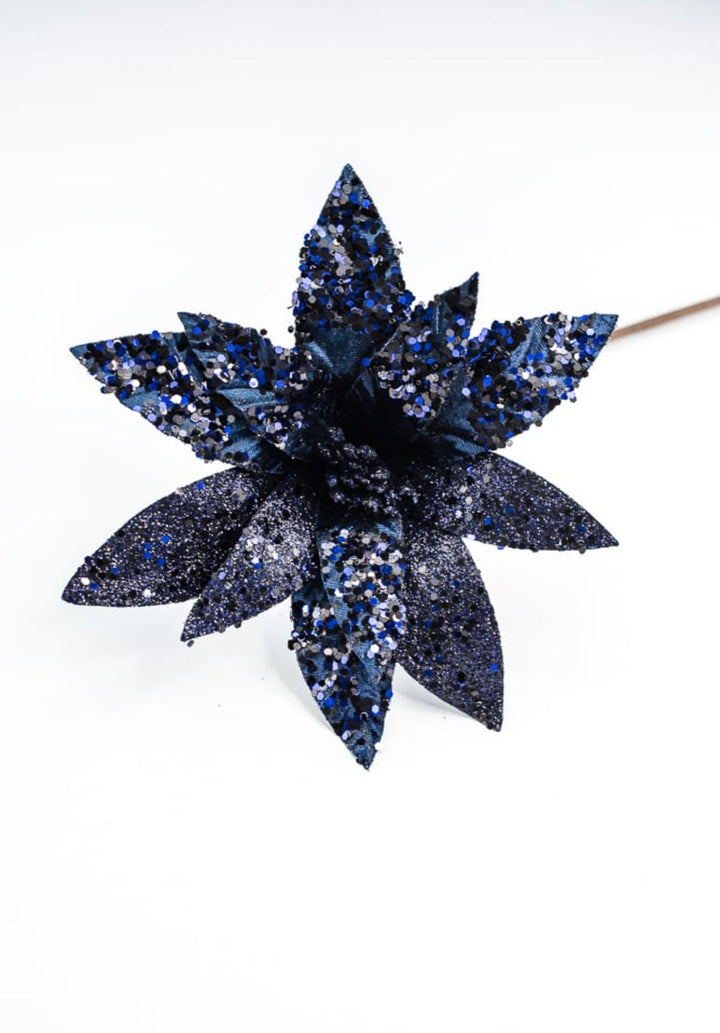 Midnight blue velvet and sequined poinsettia stem - Greenery MarketWinter and ChristmasXS3975
