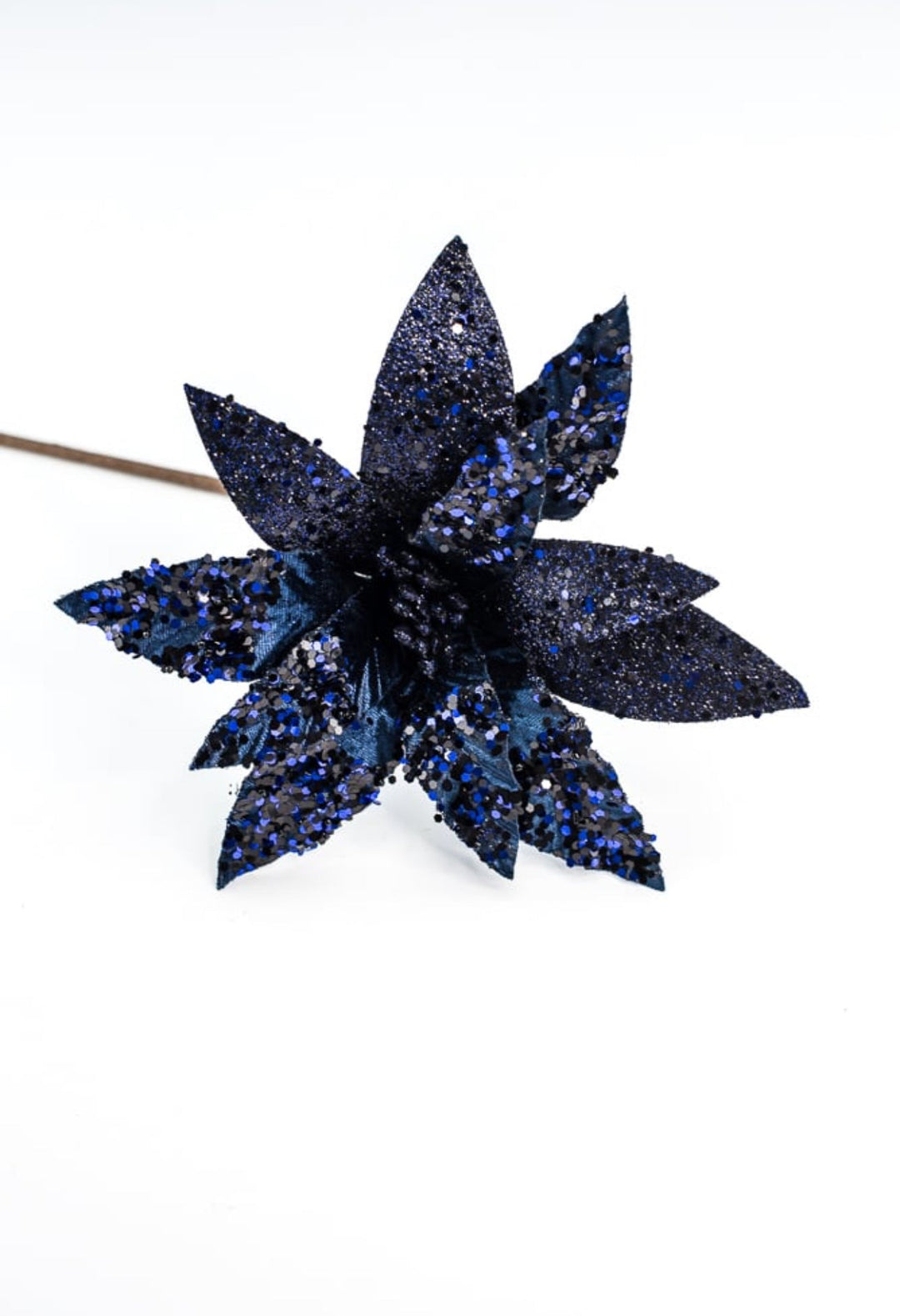 Midnight blue velvet and sequined poinsettia stem - Greenery MarketWinter and ChristmasXS3975