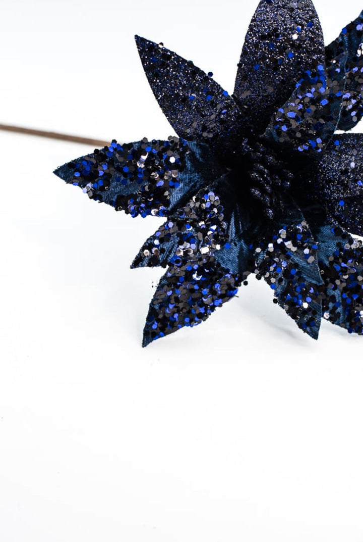 Midnight blue velvet and sequined poinsettia stem - Greenery MarketWinter and ChristmasXS3975