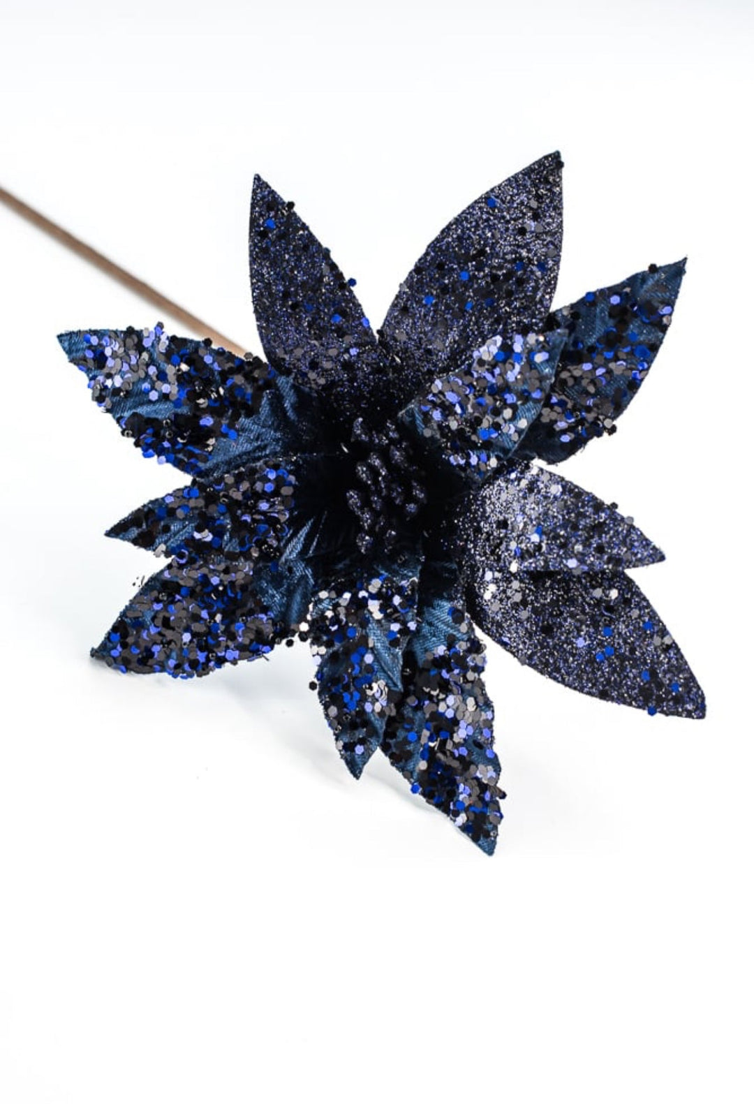 Midnight blue velvet and sequined poinsettia stem - Greenery MarketWinter and ChristmasXS3975