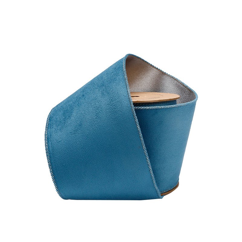 Military Blue & Light Silver Reversible Classic Velvet & Shimmer Wired Ribbon - 4" - Greenery Market7201W - 369 - 100E