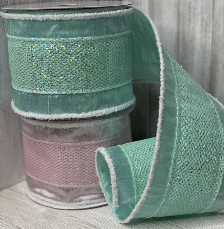 Mint green Glitter metallic wired ribbon, 4” - Greenery Marketwired ribbonMTX64996 m