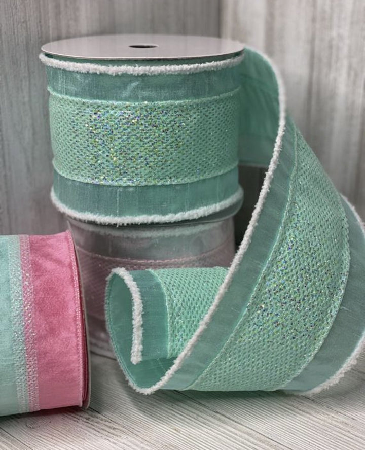 Mint green Glitter metallic wired ribbon, 4” - Greenery Marketwired ribbonMTX64996 m