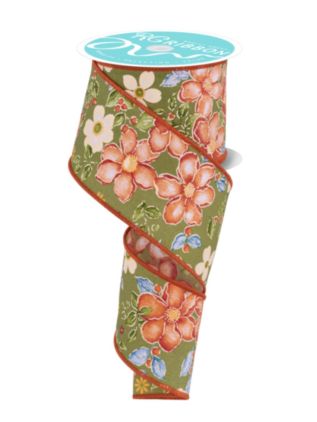 Moss green and and blue Watercolor flowers wired ribbon 2.5” - Greenery MarketWired ribbonRGF1157YN