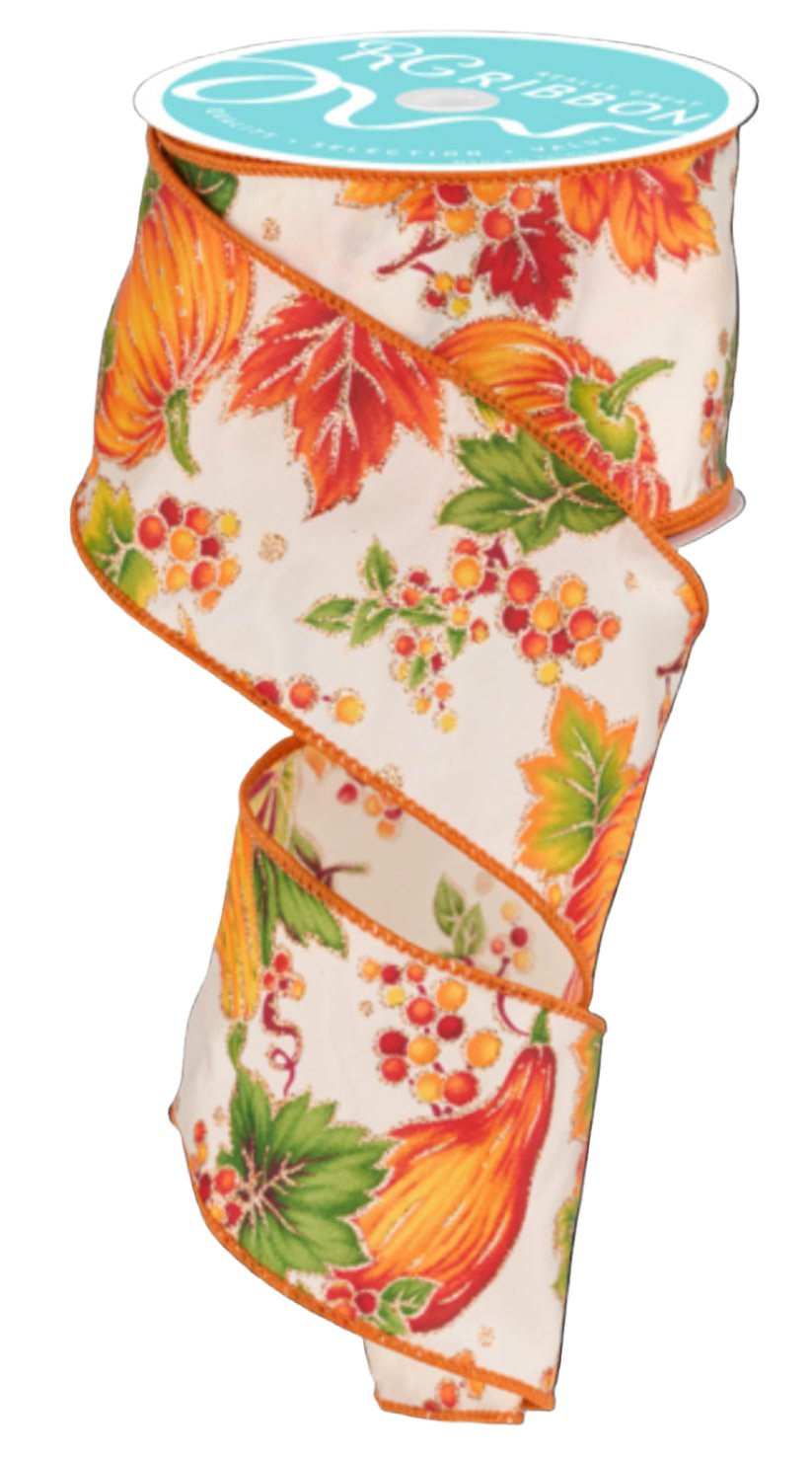 Moss green and orange gourds berries wired ribbon 2.5” - Greenery MarketWired ribbonRGF1191