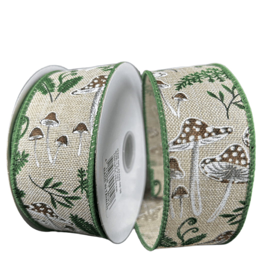 Mushrooms and fern wired ribbon 1.5” - Greenery MarketWired ribbon42429 - 09 - 38