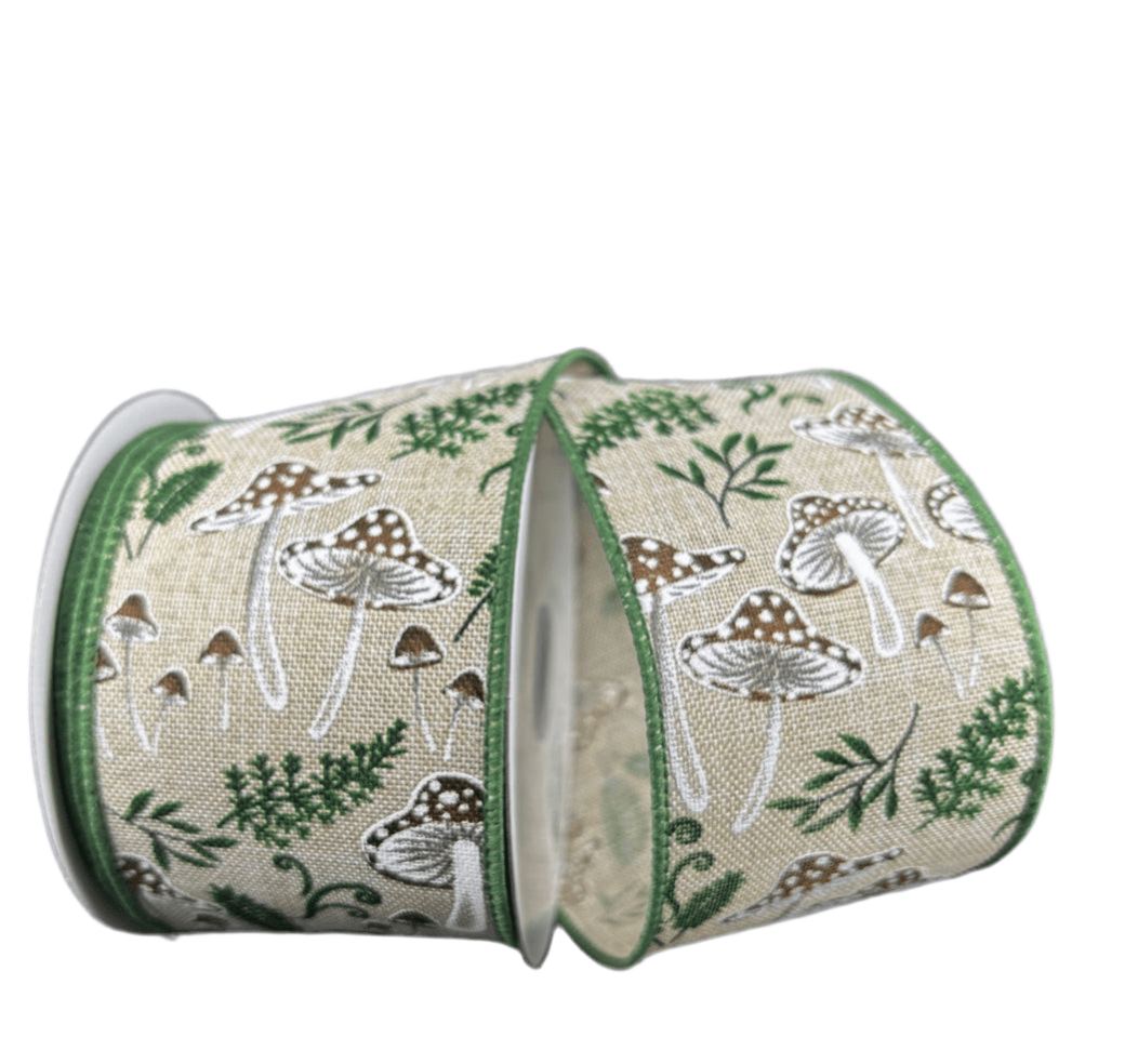 Mushrooms and fern wired ribbon 2.5” - Greenery MarketWired ribbon42429 - 40 - 38