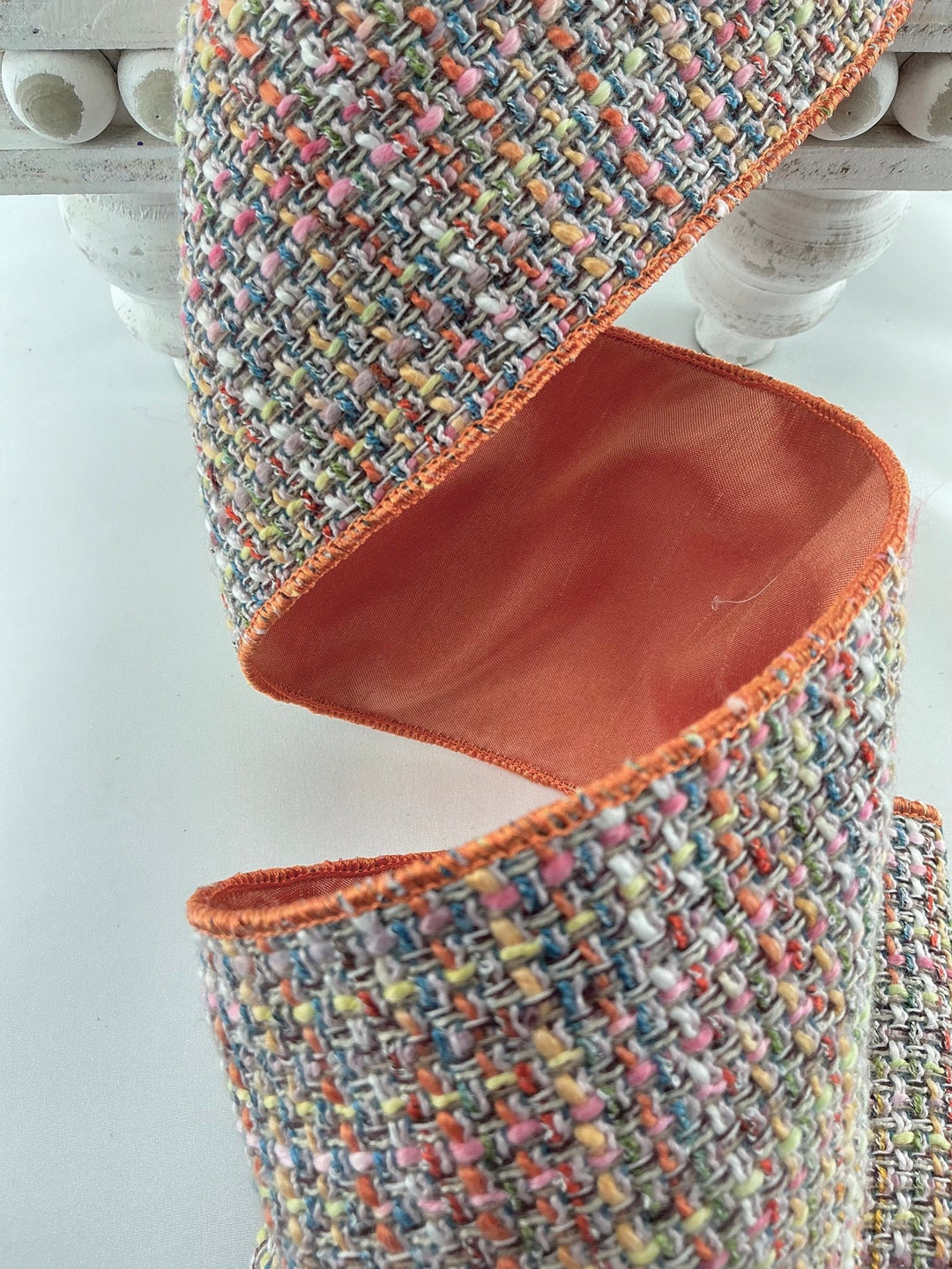Muted orange, pink, blue multi colored tweed wired ribbon 4” - Greenery MarketRibbons & Trim138146