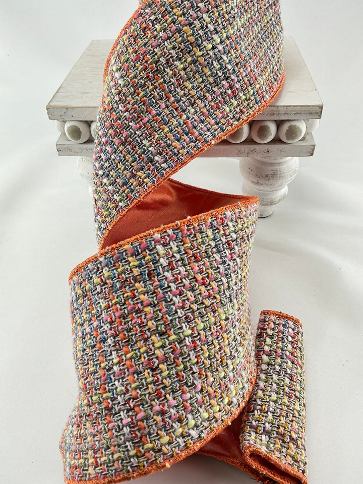 Muted orange, pink, blue multi colored tweed wired ribbon 4” - Greenery MarketRibbons & Trim138146
