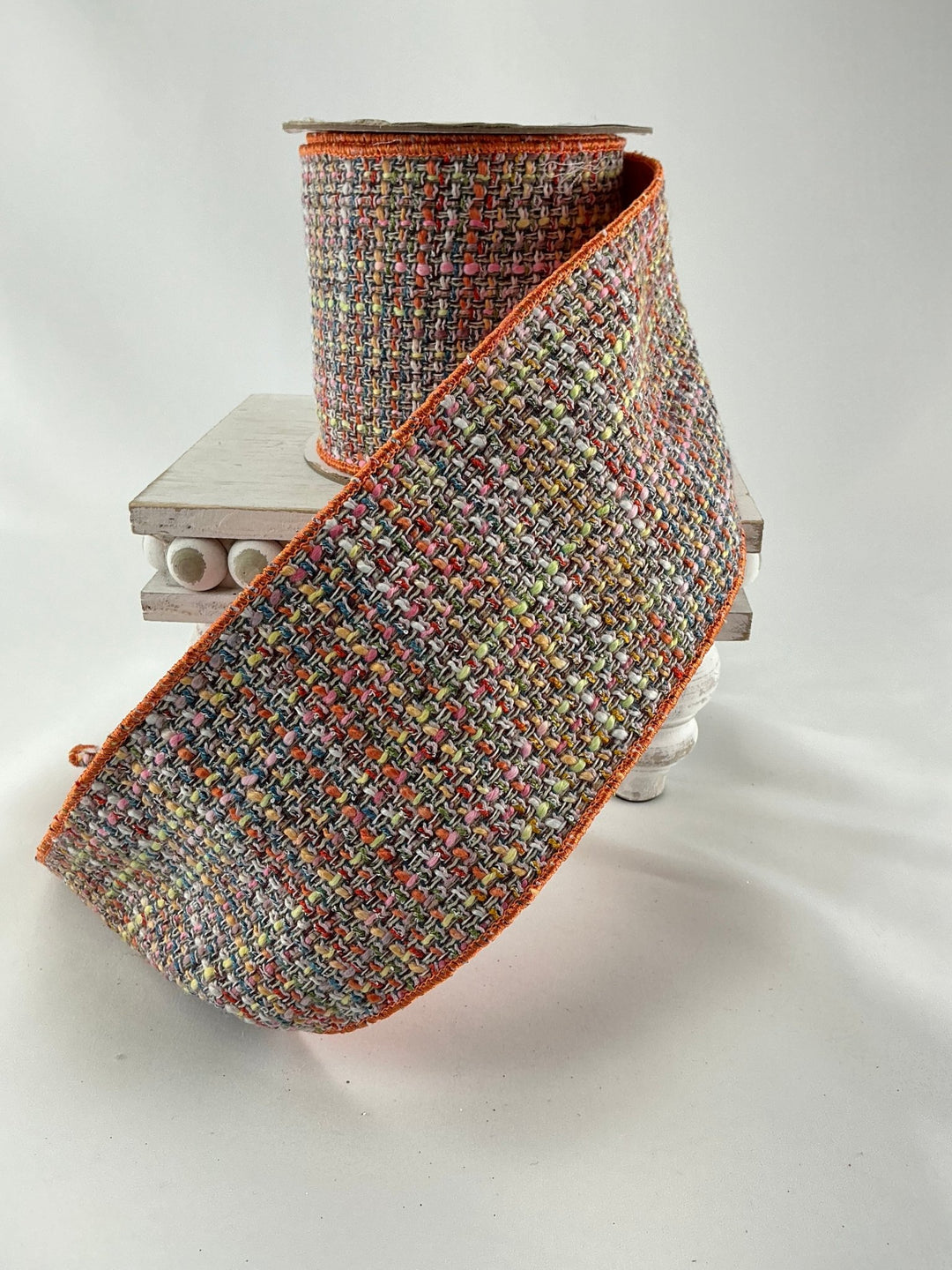 Muted orange, pink, blue multi colored tweed wired ribbon 4” - Greenery MarketRibbons & Trim138146