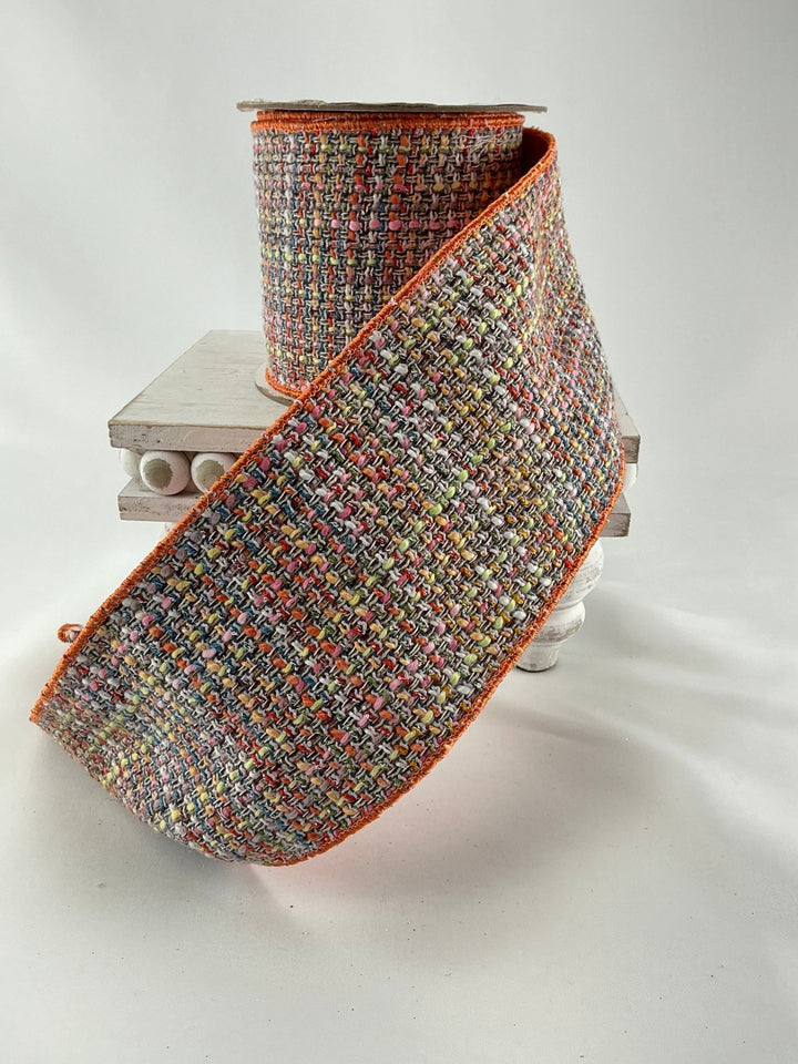 Muted orange, pink, blue multi colored tweed wired ribbon 4” - Greenery MarketRibbons & Trim138146