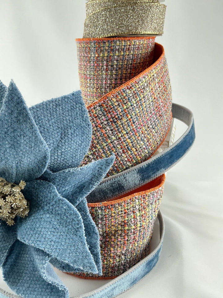 Muted orange, pink, blue multi colored tweed wired ribbon 4” - Greenery MarketRibbons & Trim138146