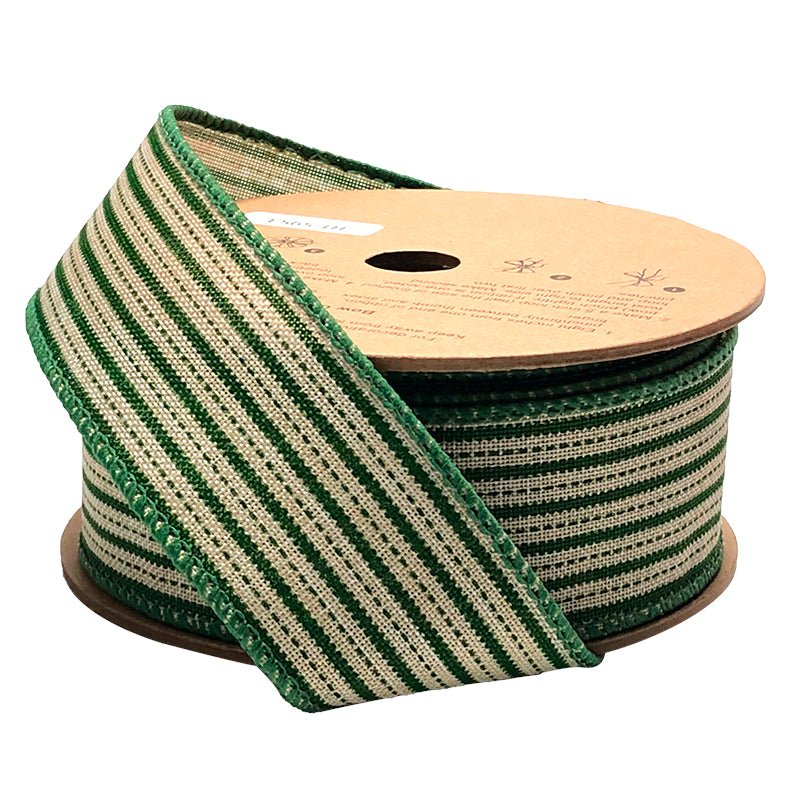Natural & Green Mini Striped Wired Ribbon - 1.5" - Greenery MarketWR - 10181 - 038 - 10