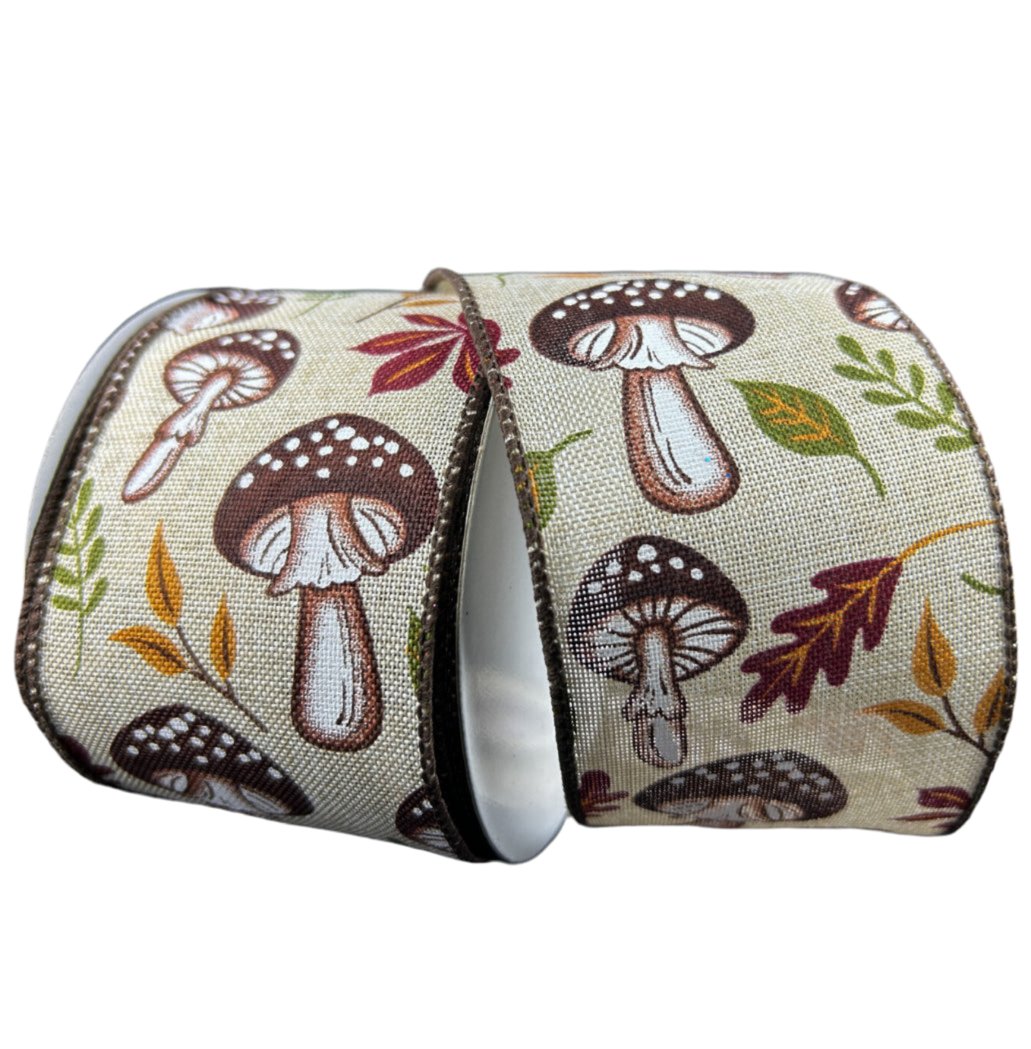 Natural mushrooms and leaves wired ribbon, 2.5" - Greenery MarketWired ribbon61411 - 40 - 15