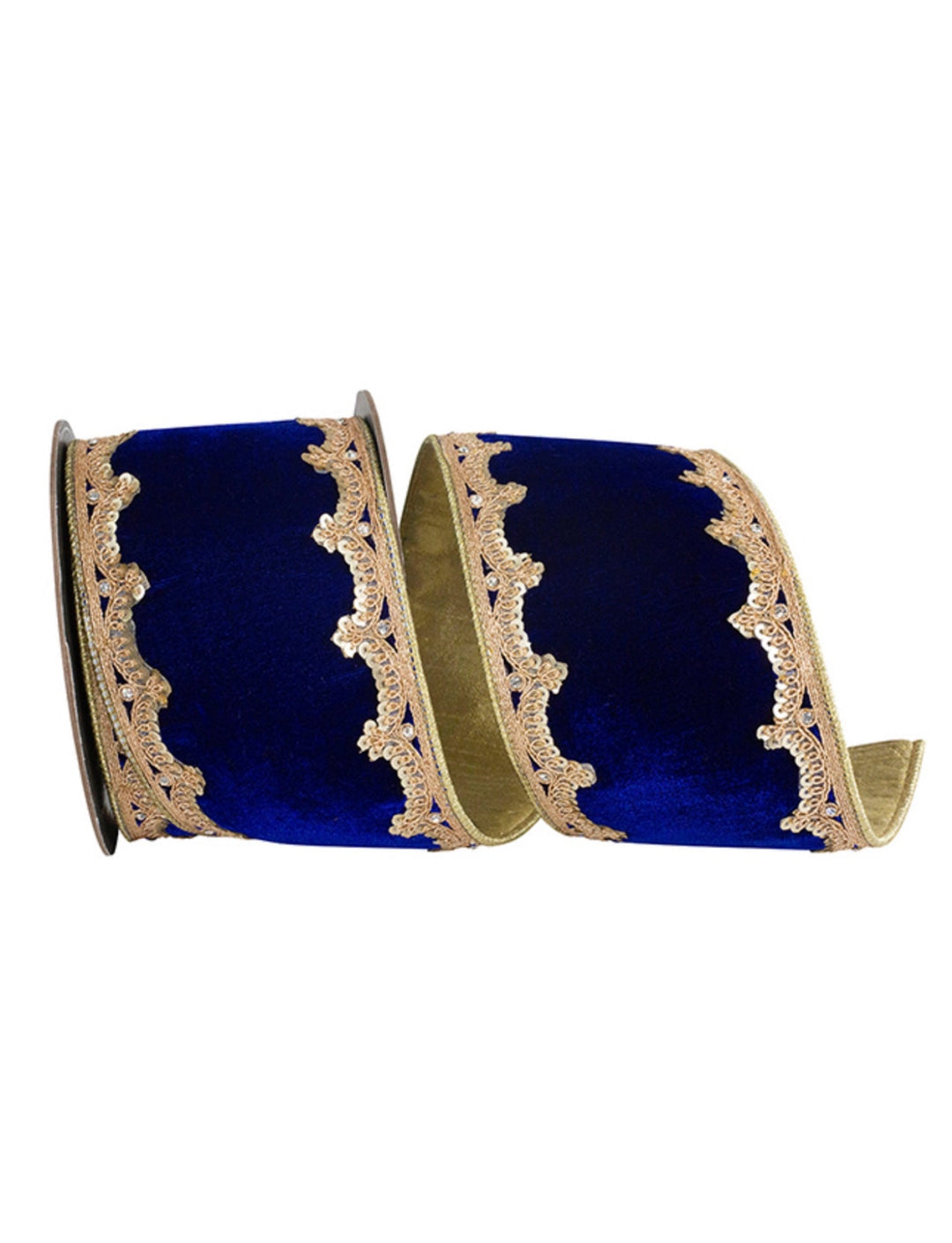 Navy Blue Velvet With Sequin Scallop Wired Ribbon 4” - Greenery MarketWired ribbon94387W - 055 - 10D