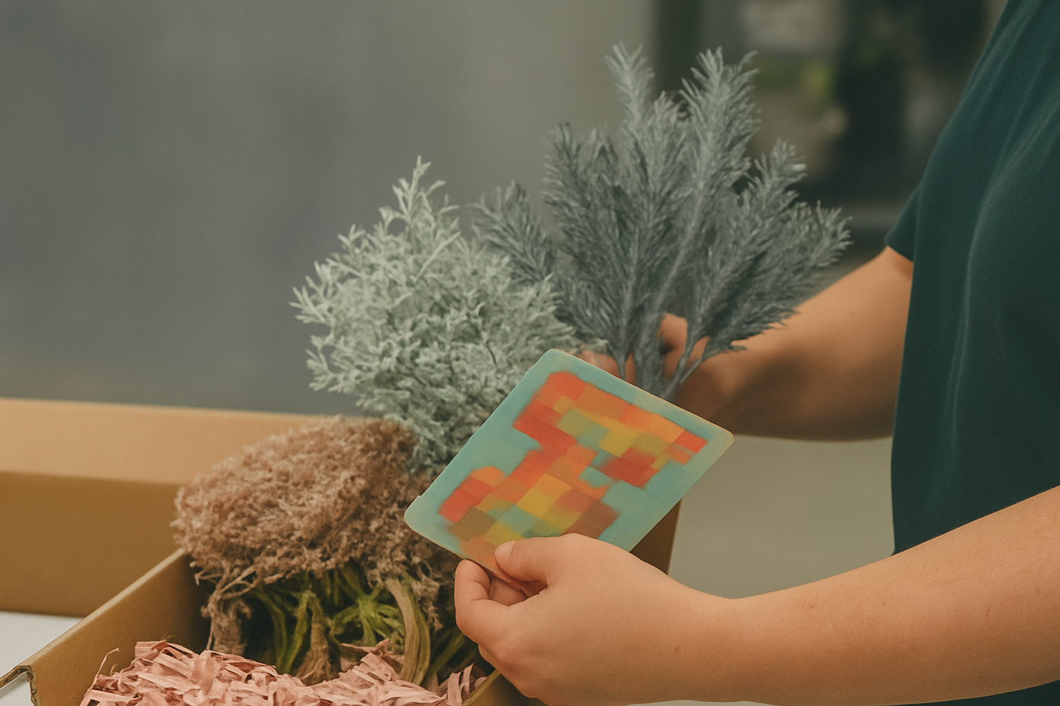 Person holding a card with a colorful design next to a box of plants.
