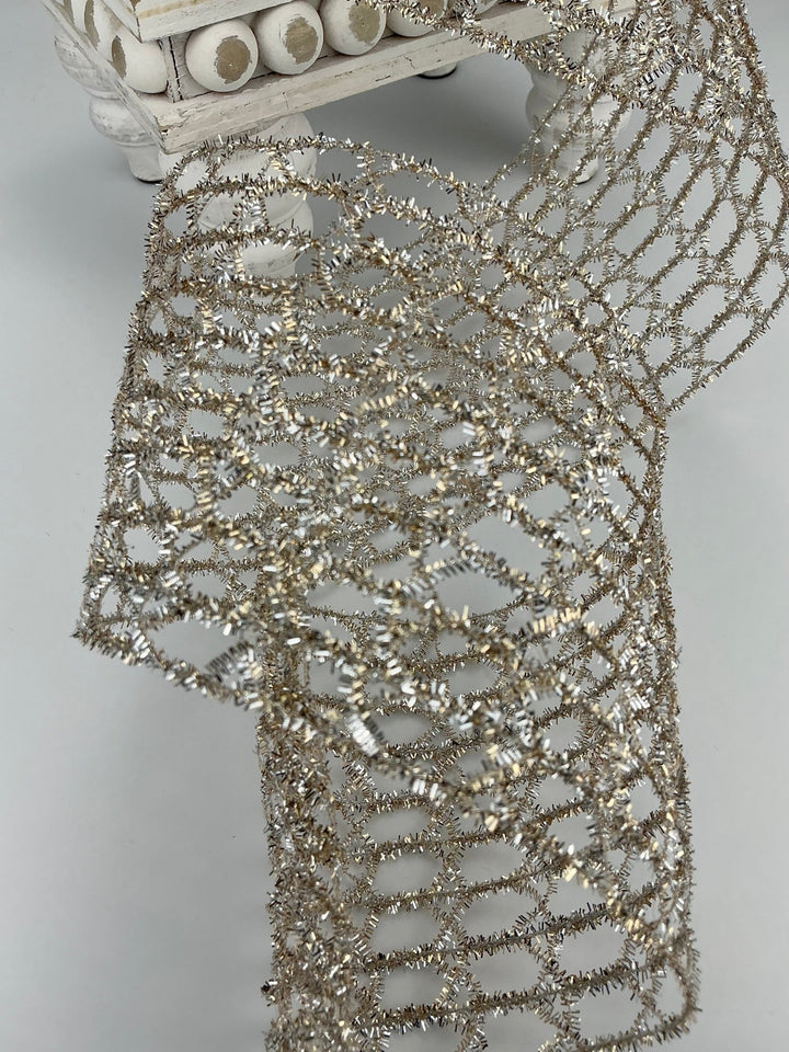 Open weave, platinum, mesh wired ribbon 4” - Greenery MarketRibbons & Trim263260