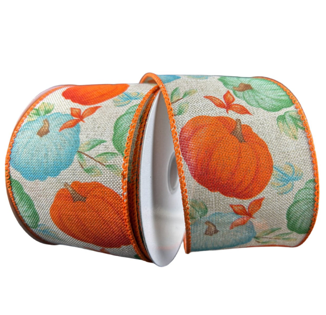 Orange and blue pumpkins wired ribbon, 2.5" - Greenery MarketWired ribbon61414 - 40 - 15